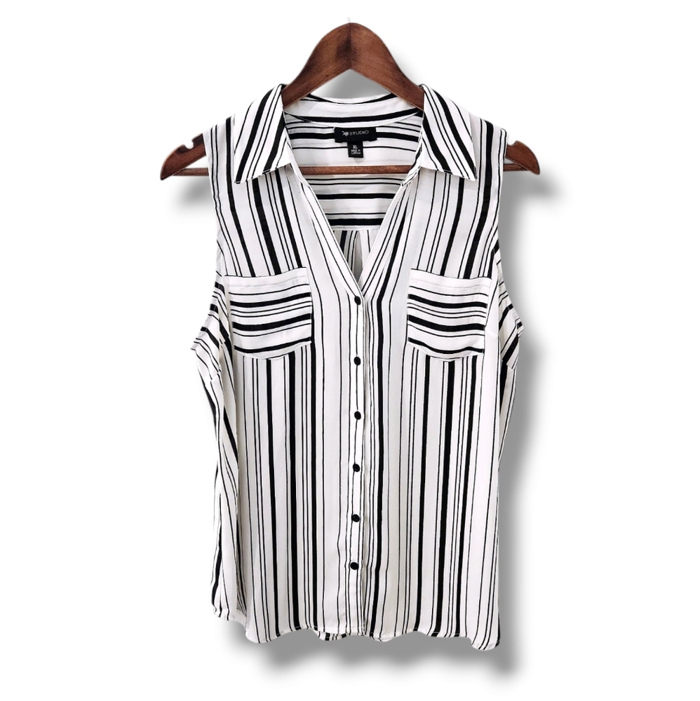 AB Studio Striped V-Neck Sleeveless Blouse w/Pockets | XL